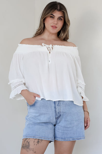 Sarah Top - Off Shoulder Ruffled Sleeve Top in White