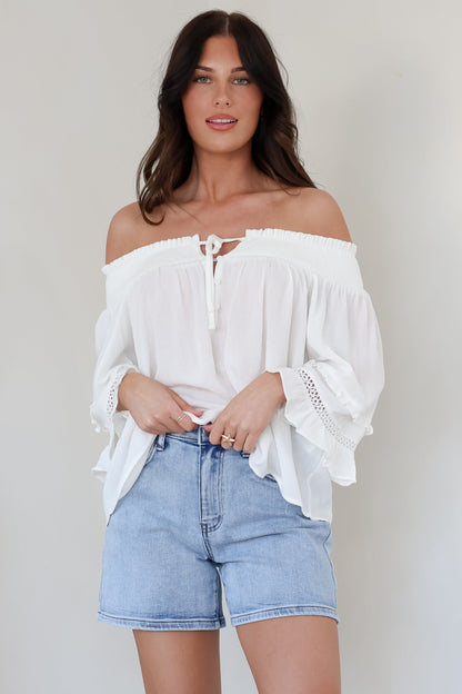 Sarah Top - Off Shoulder Ruffled Sleeve Top in White