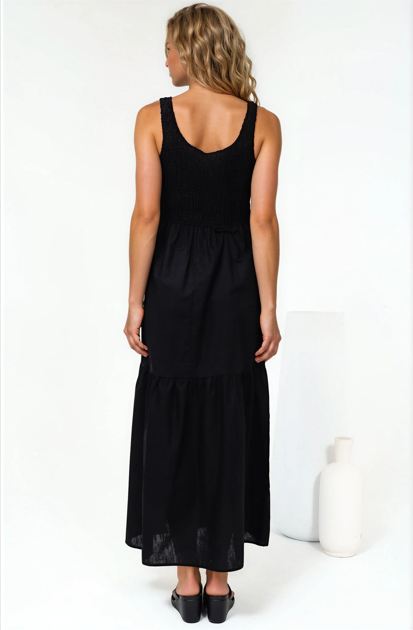 Sarlita Midi Dress - Shirred Bodice Sleeveless Tiered Dress with Pockets in Black
