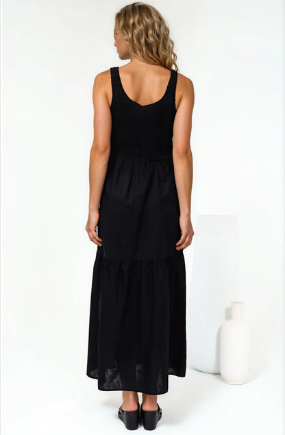 Sarlita Midi Dress - Shirred Bodice Sleeveless Tiered Dress with Pockets in Black