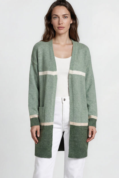 Saylor Cardigan - Open Front Stripe Colour Block Knit with Ribbed Hemlines in Green