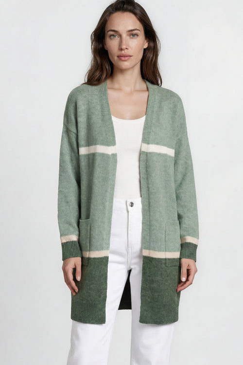 Saylor Cardigan - Open Front Stripe Colour Block Knit with Ribbed Hemlines in Green