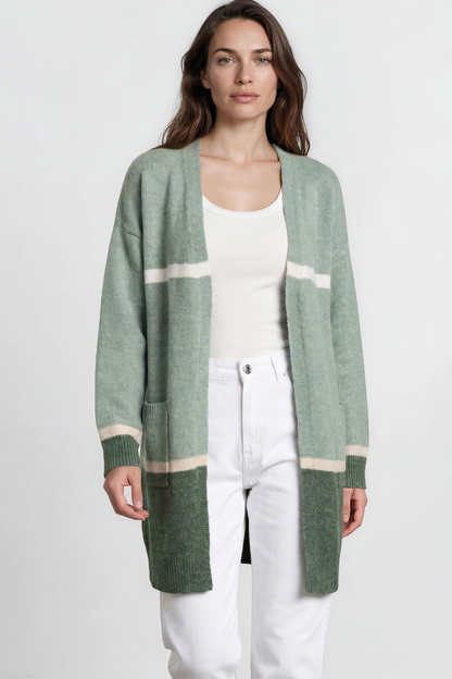 Saylor Cardigan - Open Front Stripe Colour Block Knit with Ribbed Hemlines in Green