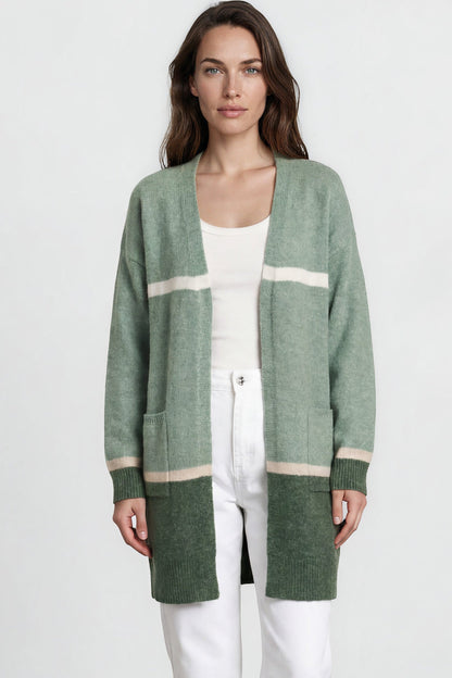 Saylor Cardigan - Open Front Stripe Colour Block Knit with Ribbed Hemlines in Green
