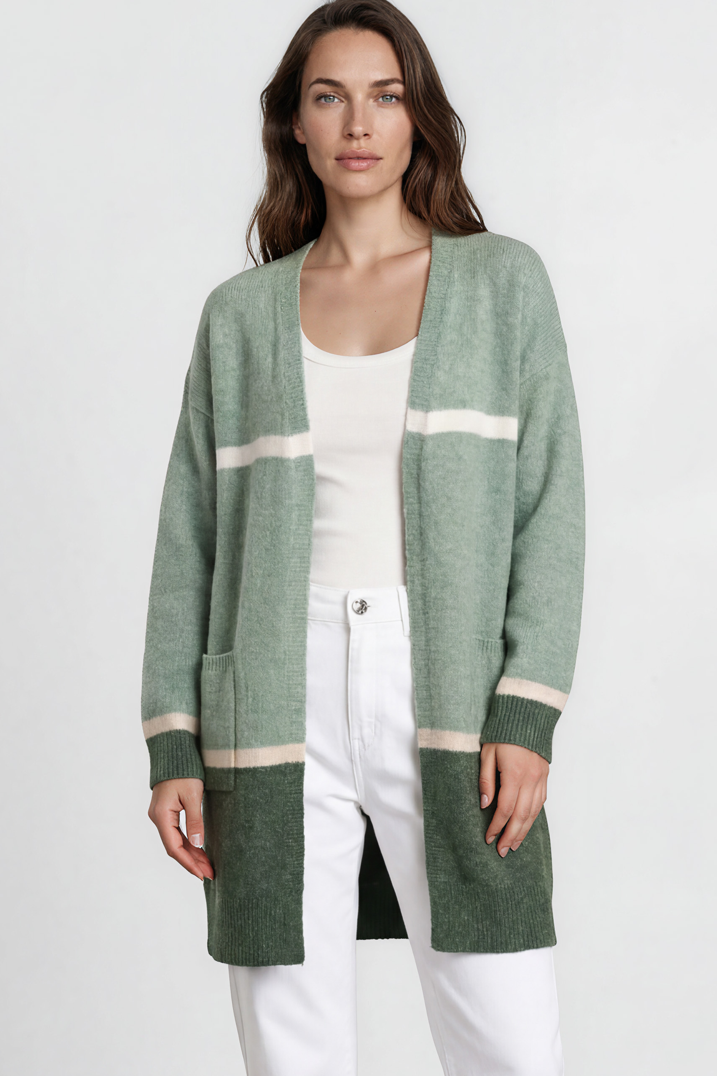 Saylor Cardigan - Open Front Stripe Colour Block Knit with Ribbed Hemlines in Green