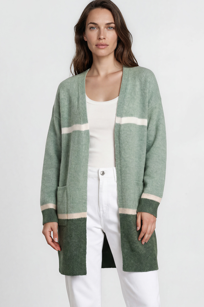 Saylor Cardigan - Open Front Stripe Colour Block Knit with Ribbed Hemlines in Green