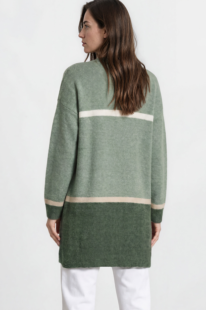 Saylor Cardigan - Open Front Stripe Colour Block Knit with Ribbed Hemlines in Green
