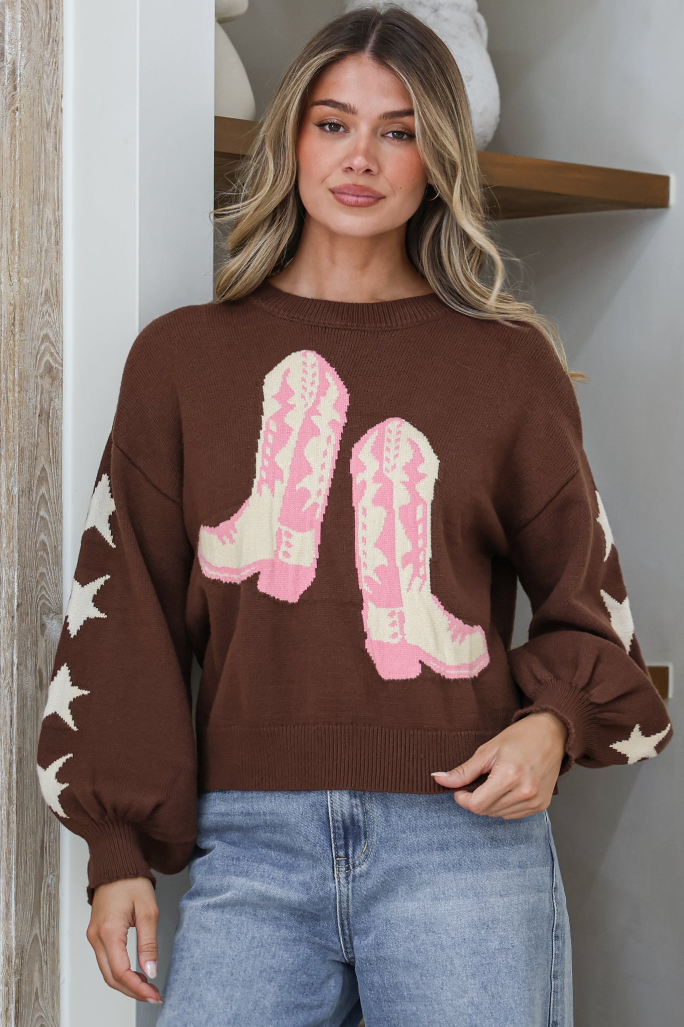 Scoot Jumper - Crew Neck Cowgirl Boot & Star Motif Knit with Balloon Sleeves in Chocolate