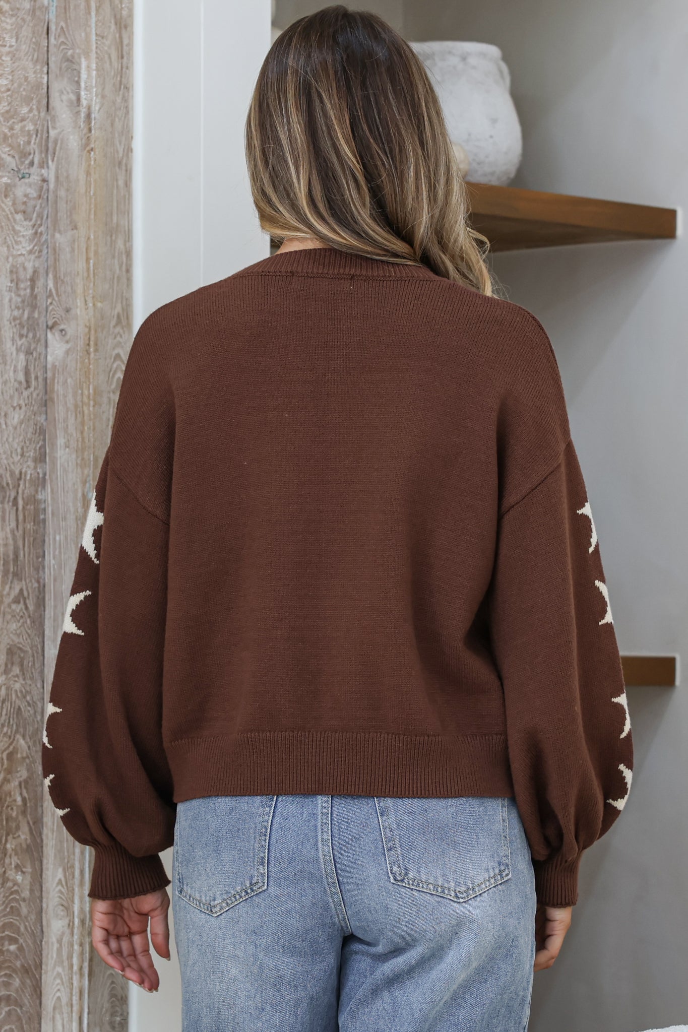 Scoot Jumper - Crew Neck Cowgirl Boot & Star Motif Knit with Balloon Sleeves in Chocolate