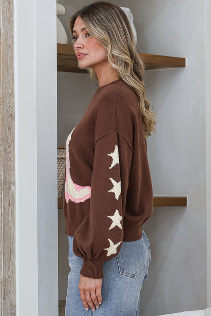 Scoot Jumper - Crew Neck Cowgirl Boot & Star Motif Knit with Balloon Sleeves in Chocolate