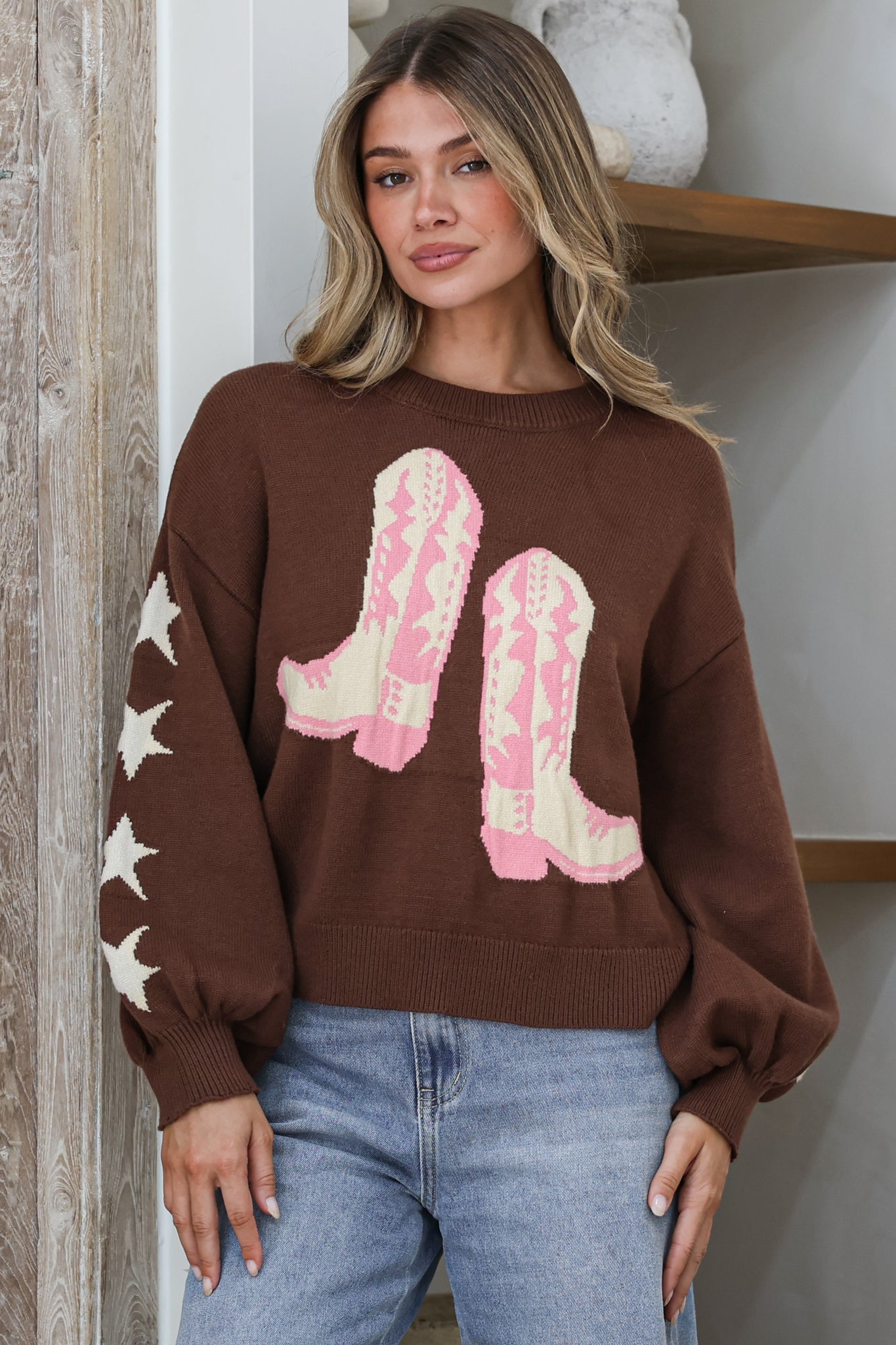 Scoot Jumper - Crew Neck Cowgirl Boot & Star Motif Knit with Balloon Sleeves in Chocolate
