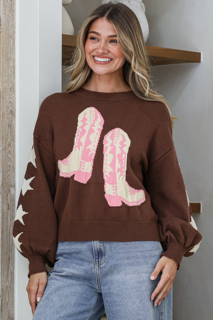 Scoot Jumper - Crew Neck Cowgirl Boot & Star Motif Knit with Balloon Sleeves in Chocolate