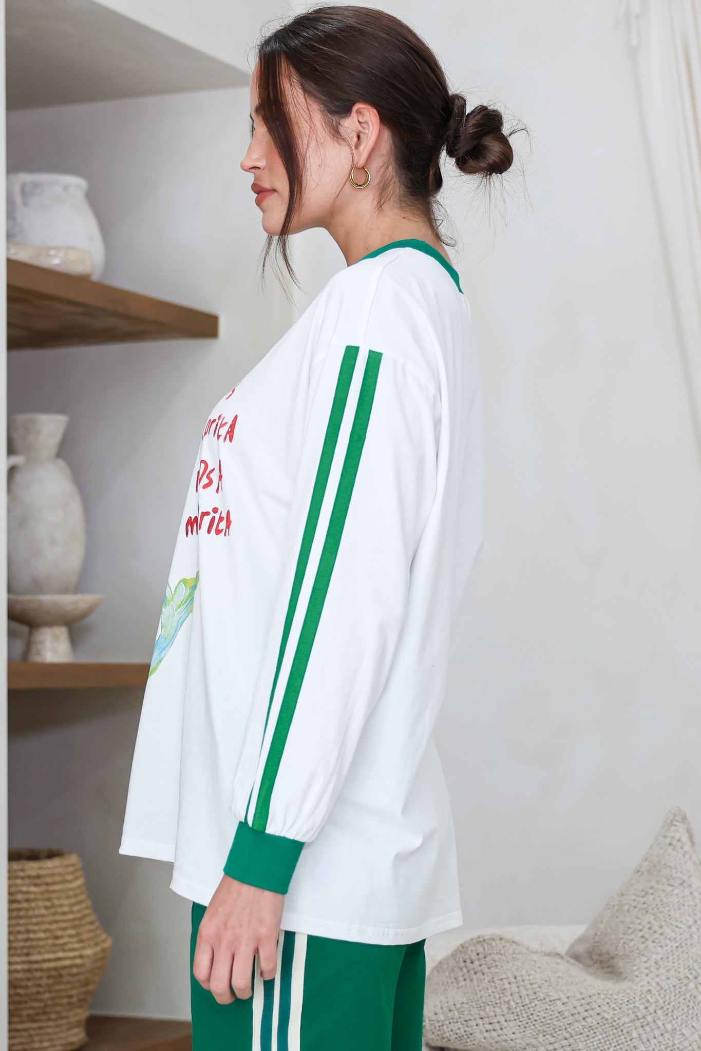 Senorita Margarita Long Sleeve Tee - Crew Neck Contrast Stripe Graphic T-Shirt in White
