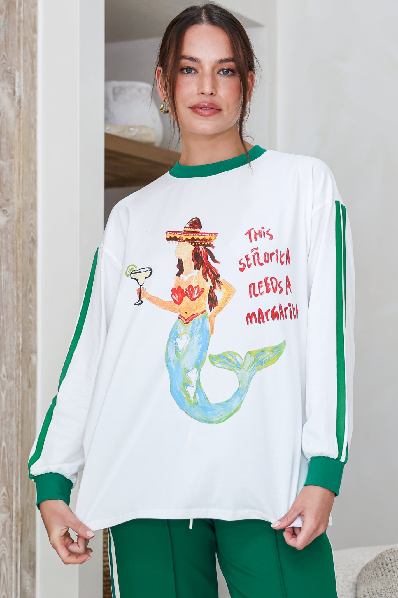 Senorita Margarita Long Sleeve Tee - Crew Neck Contrast Stripe Graphic T-Shirt in White