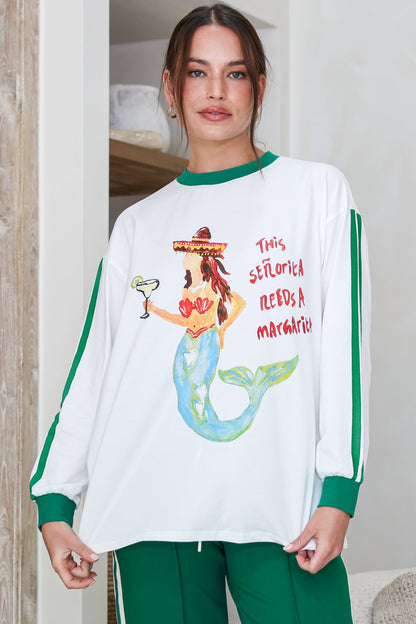 Senorita Margarita Long Sleeve Tee - Crew Neck Contrast Stripe Graphic T-Shirt in White