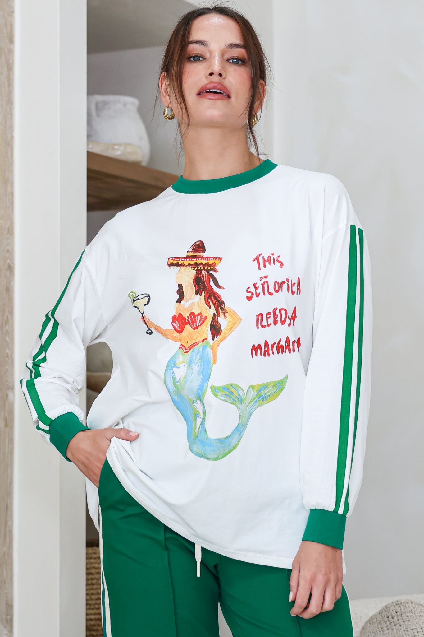 Senorita Margarita Long Sleeve Tee - Crew Neck Contrast Stripe Graphic T-Shirt in White
