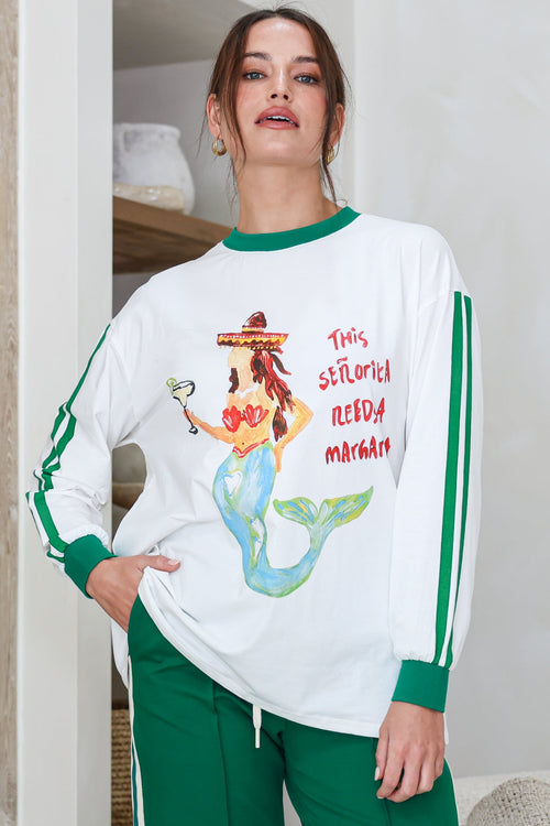 Senorita Margarita Long Sleeve Tee - Crew Neck Contrast Stripe Graphic T-Shirt in White