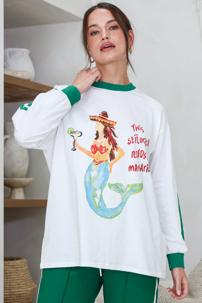 Senorita Margarita Long Sleeve Tee - Crew Neck Contrast Stripe Graphic T-Shirt in White