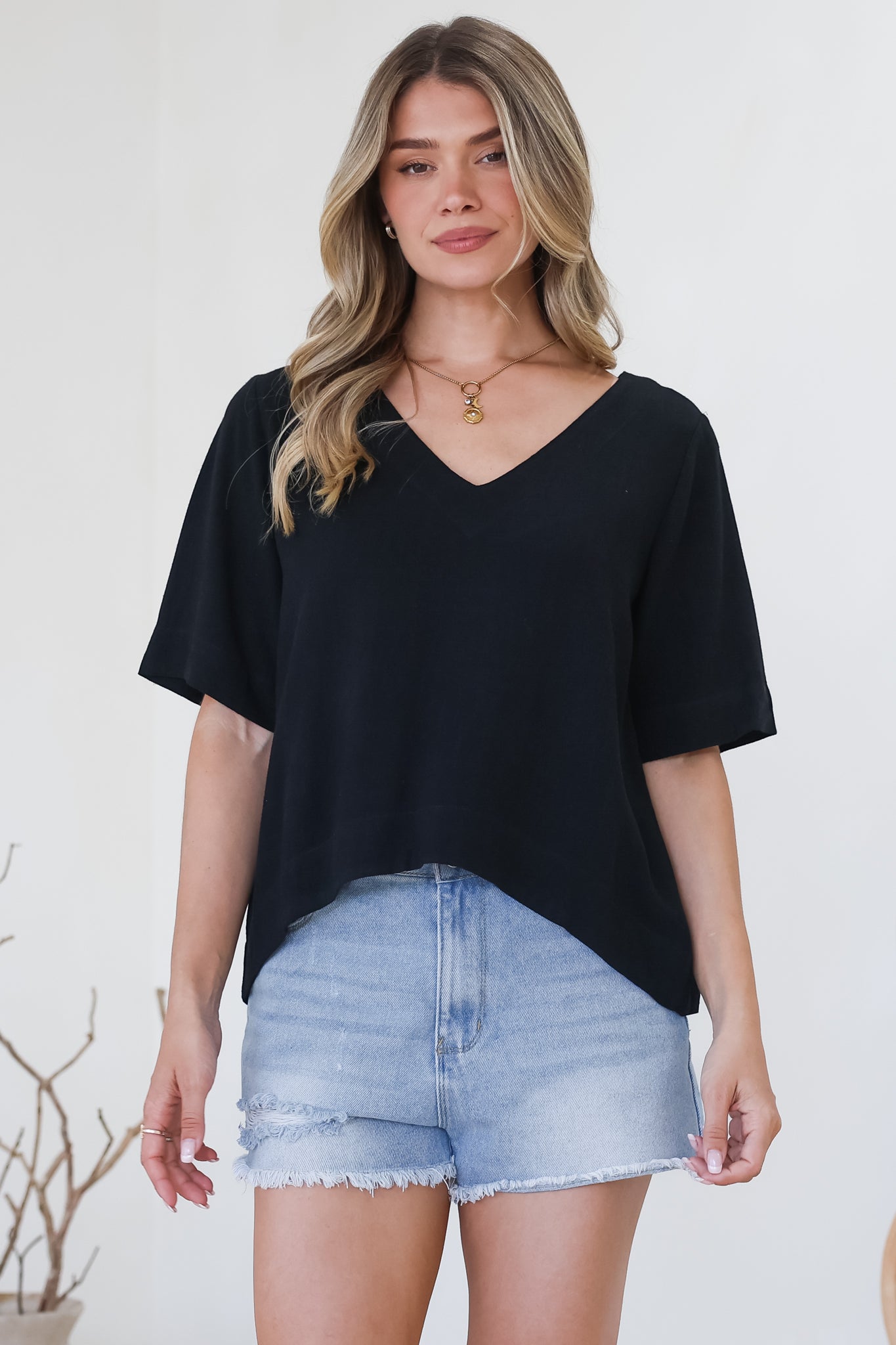 Shandy Top - V-Neck Boxy High Low Top with Short Sleeves in Black