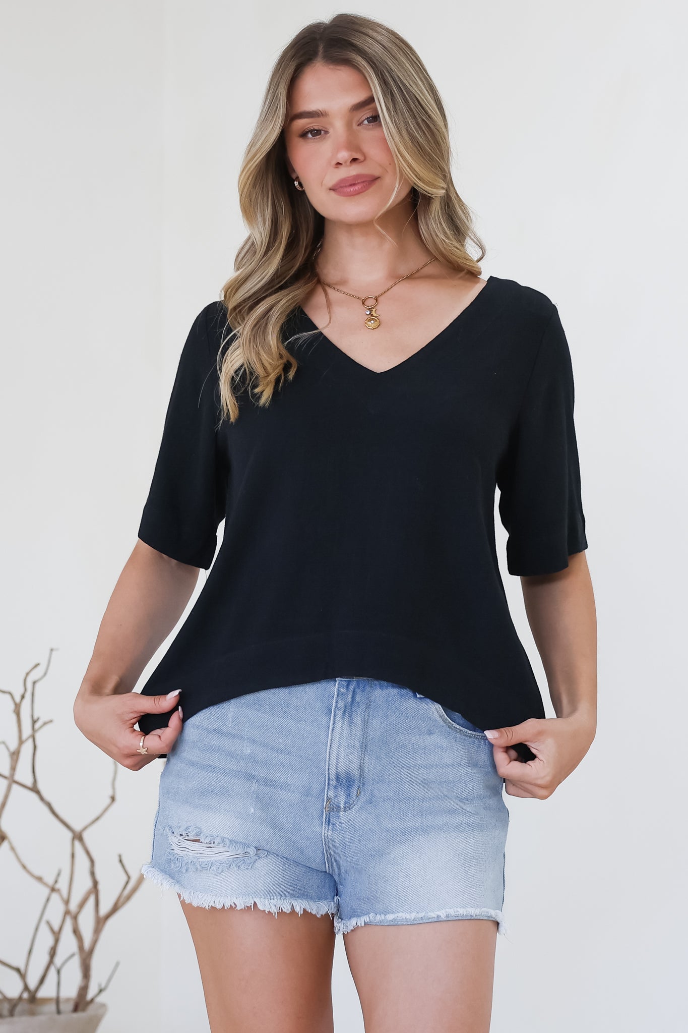 Shandy Top - V-Neck Boxy High Low Top with Short Sleeves in Black