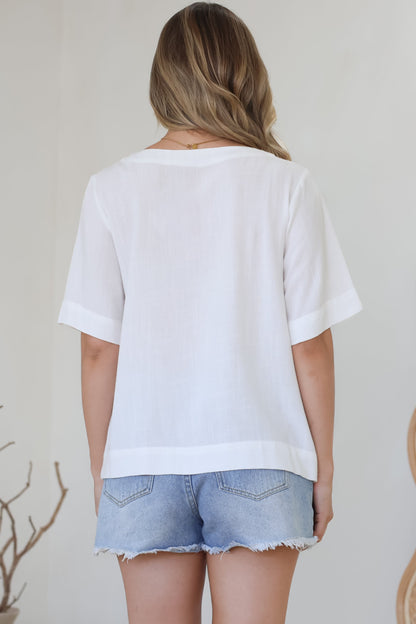 Shandy Top - V-Neck Boxy High Low Top with Short Sleeves in White