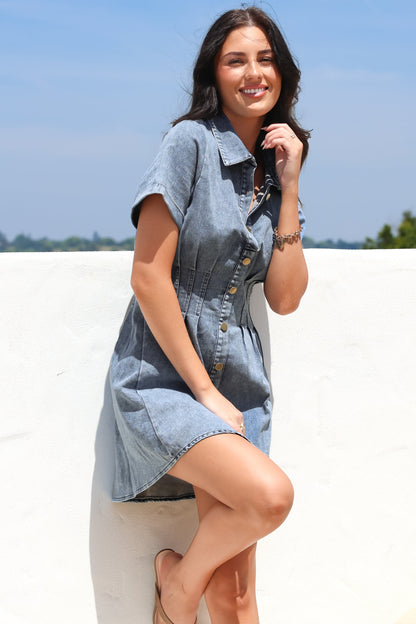 Sharlan Mini Dress - A-Line Button Detailed Denim Dress in Mid Denim Wash