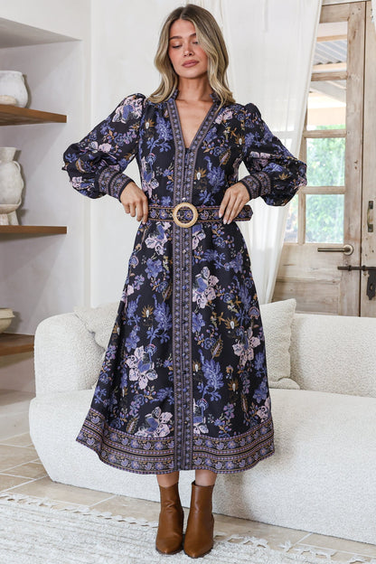 Shaylee Midi Dress - Mandarin Collar Deep V-Neck A Line Button Down with Matching Belt in Luella Print