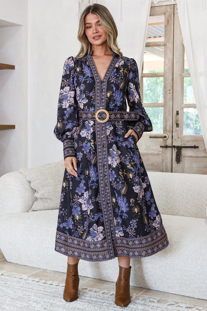 Shaylee Midi Dress - Mandarin Collar Deep V-Neck A Line Button Down with Matching Belt in Luella Print