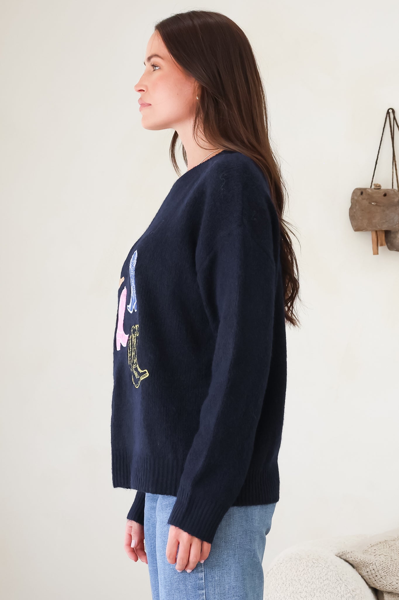 Shelby Jumper - Cowgirl Boot Graphic Long Sleeve Knit in Navy
