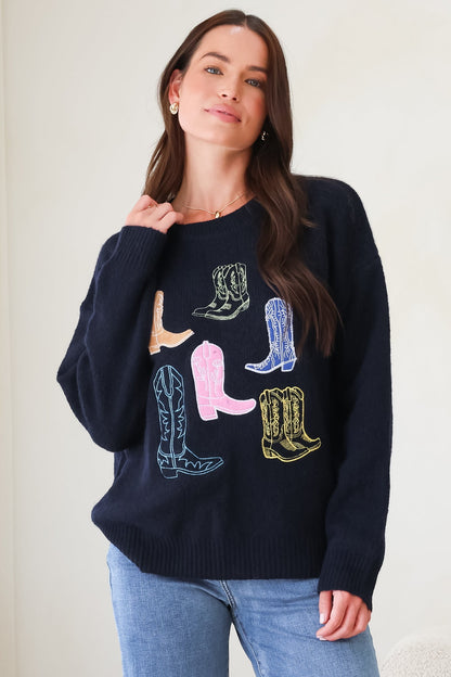 Shelby Jumper - Cowgirl Boot Graphic Long Sleeve Knit in Navy