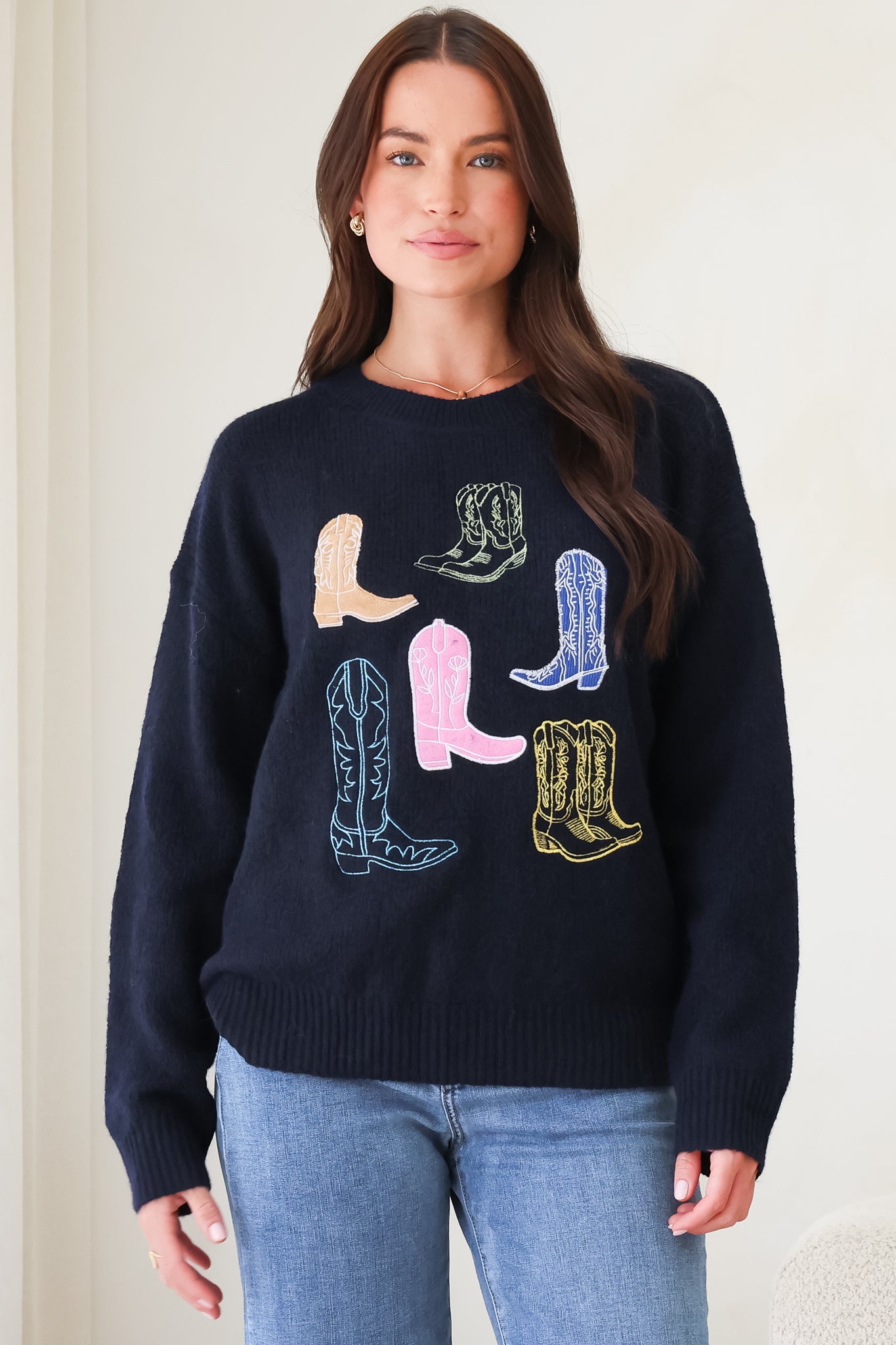 Shelby Jumper - Cowgirl Boot Graphic Long Sleeve Knit in Navy