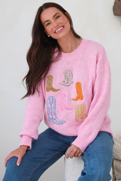 Shelby Jumper - Cowgirl Boot Graphic Long Sleeve Knit in Pink
