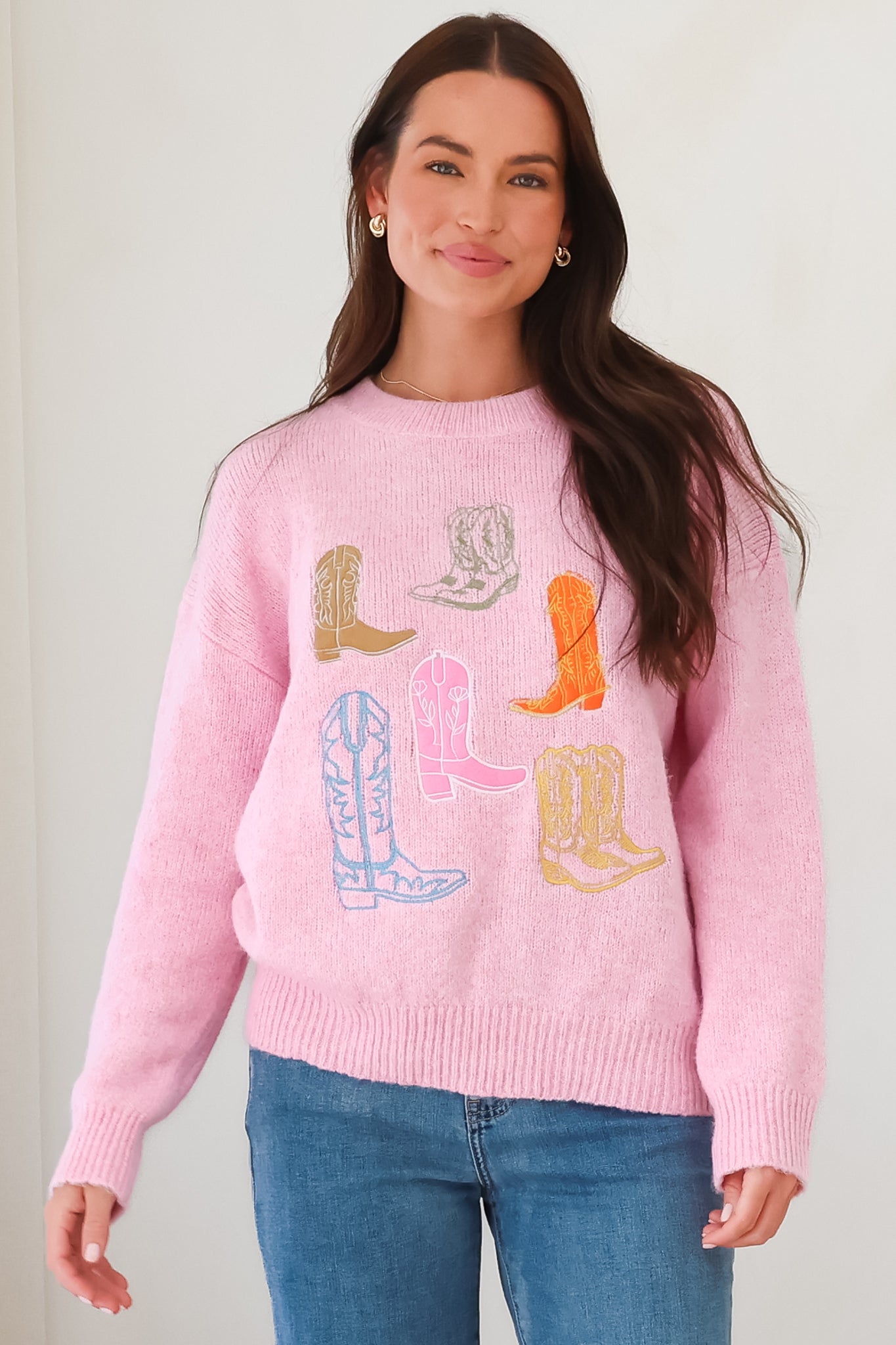 Shelby Jumper - Cowgirl Boot Graphic Long Sleeve Knit in Pink