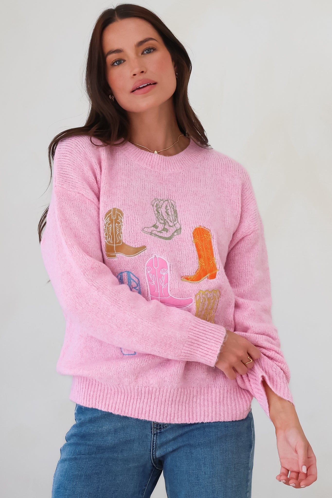 Shelby Jumper - Cowgirl Boot Graphic Long Sleeve Knit in Pink