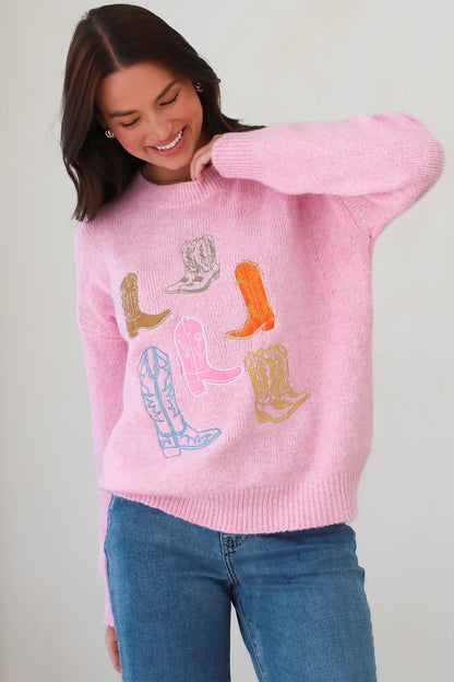 Shelby Jumper - Cowgirl Boot Graphic Long Sleeve Knit in Pink