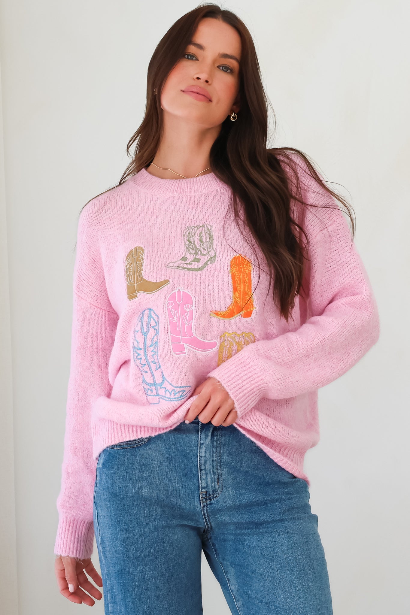 Shelby Jumper - Cowgirl Boot Graphic Long Sleeve Knit in Pink