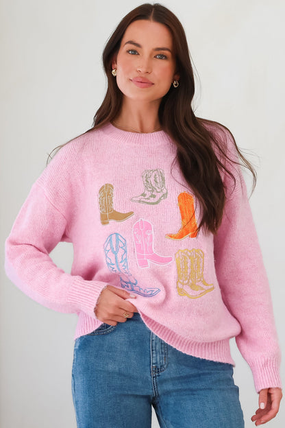 Shelby Jumper - Cowgirl Boot Graphic Long Sleeve Knit in Pink