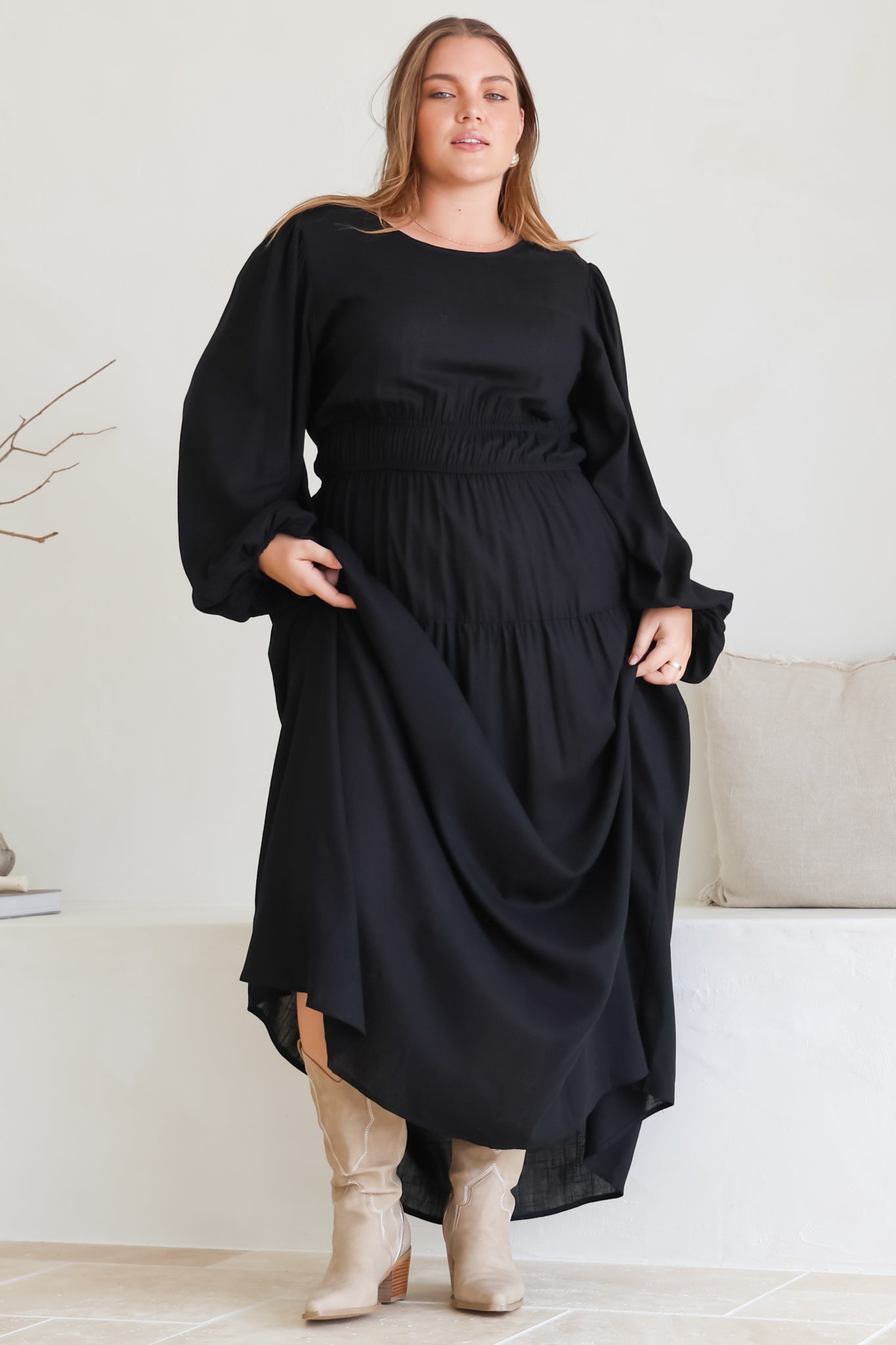Sheyne Maxi Dress - Long Balloon Sleeve Elasicated Waist A Line Dress in Black