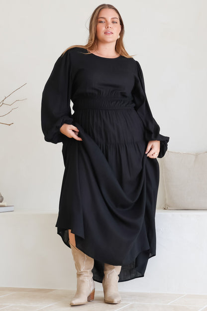 Sheyne Maxi Dress - Long Balloon Sleeve Elasicated Waist A Line Dress in Black