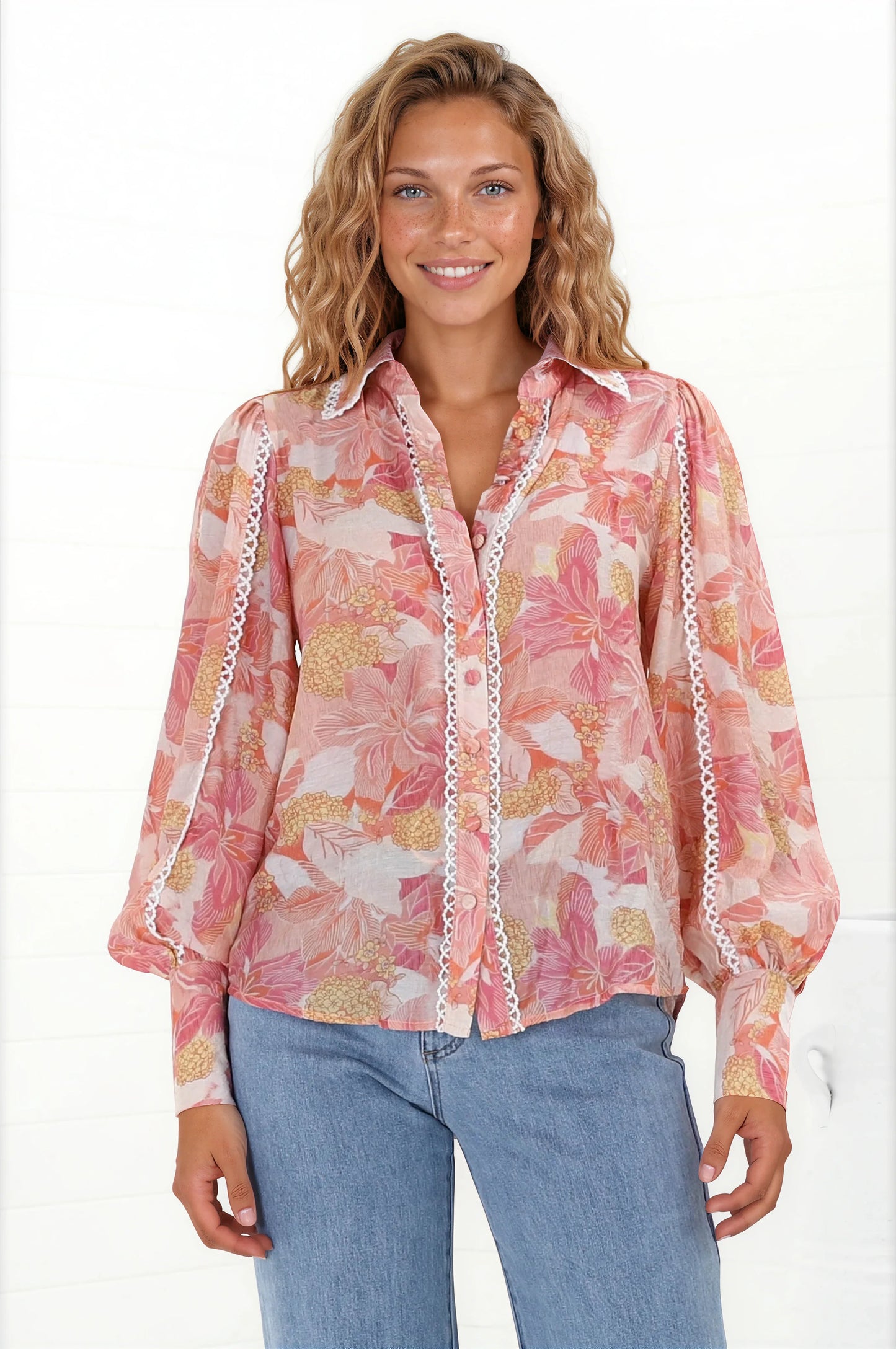 Shiloh Blouse - Contrast Trim Button Down Shirt in Lola Print