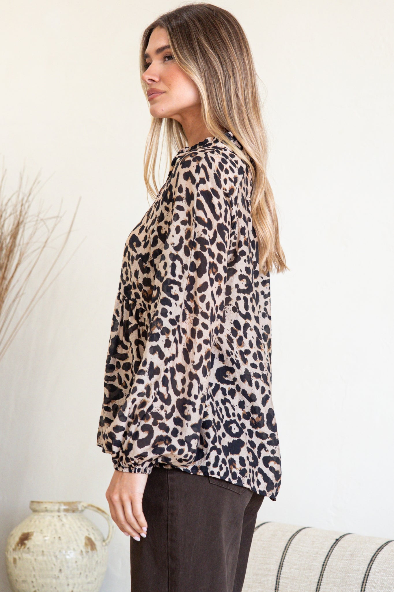 Simona Top - Mandarin Collar Buttoned Bodice Sheer Pull Over with Lace Detail in Rion Print