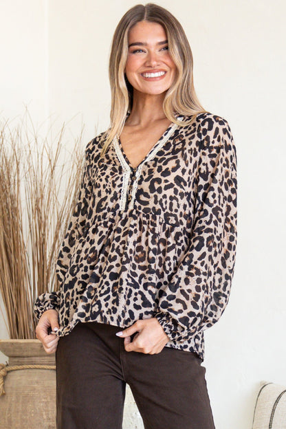 Simona Top - Mandarin Collar Buttoned Bodice Sheer Pull Over with Lace Detail in Rion Print