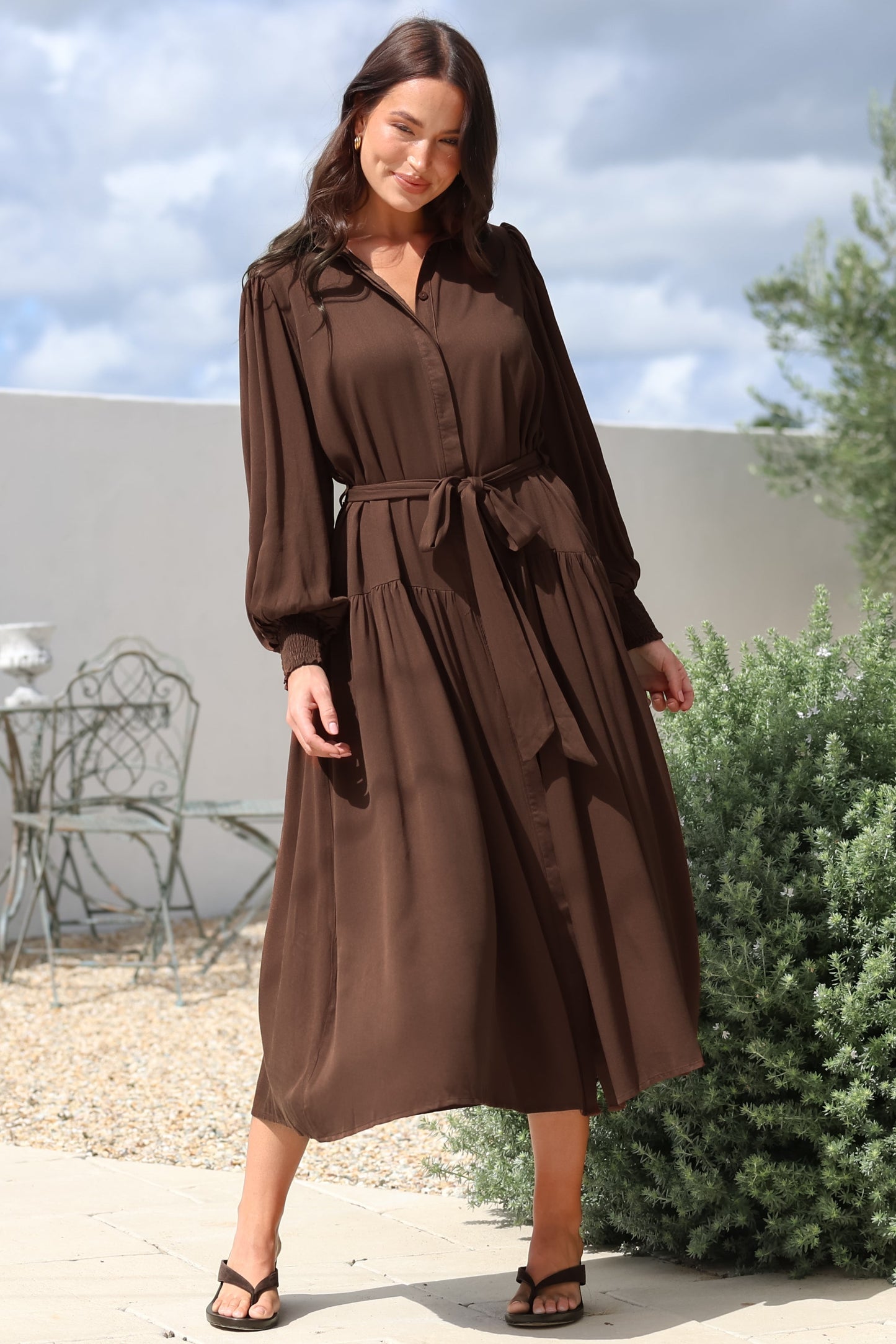 Skandi Midi Dress - Button Down Billow Sleeve Shirt Dress with Waist Tie in Chocolate