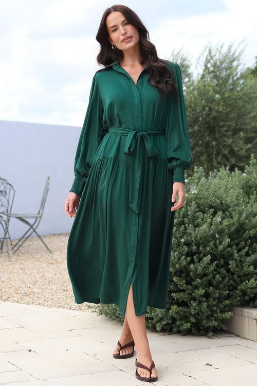Skandi Midi Dress - Button Down Billow Sleeve Shirt Dress with Waist Tie in Emerald