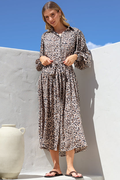Skandi Midi Dress - Button Down Billow Sleeve Shirt Dress with Waist Tie in Perrie Print