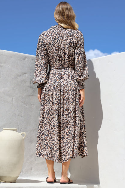 Skandi Midi Dress - Button Down Billow Sleeve Shirt Dress with Waist Tie in Perrie Print