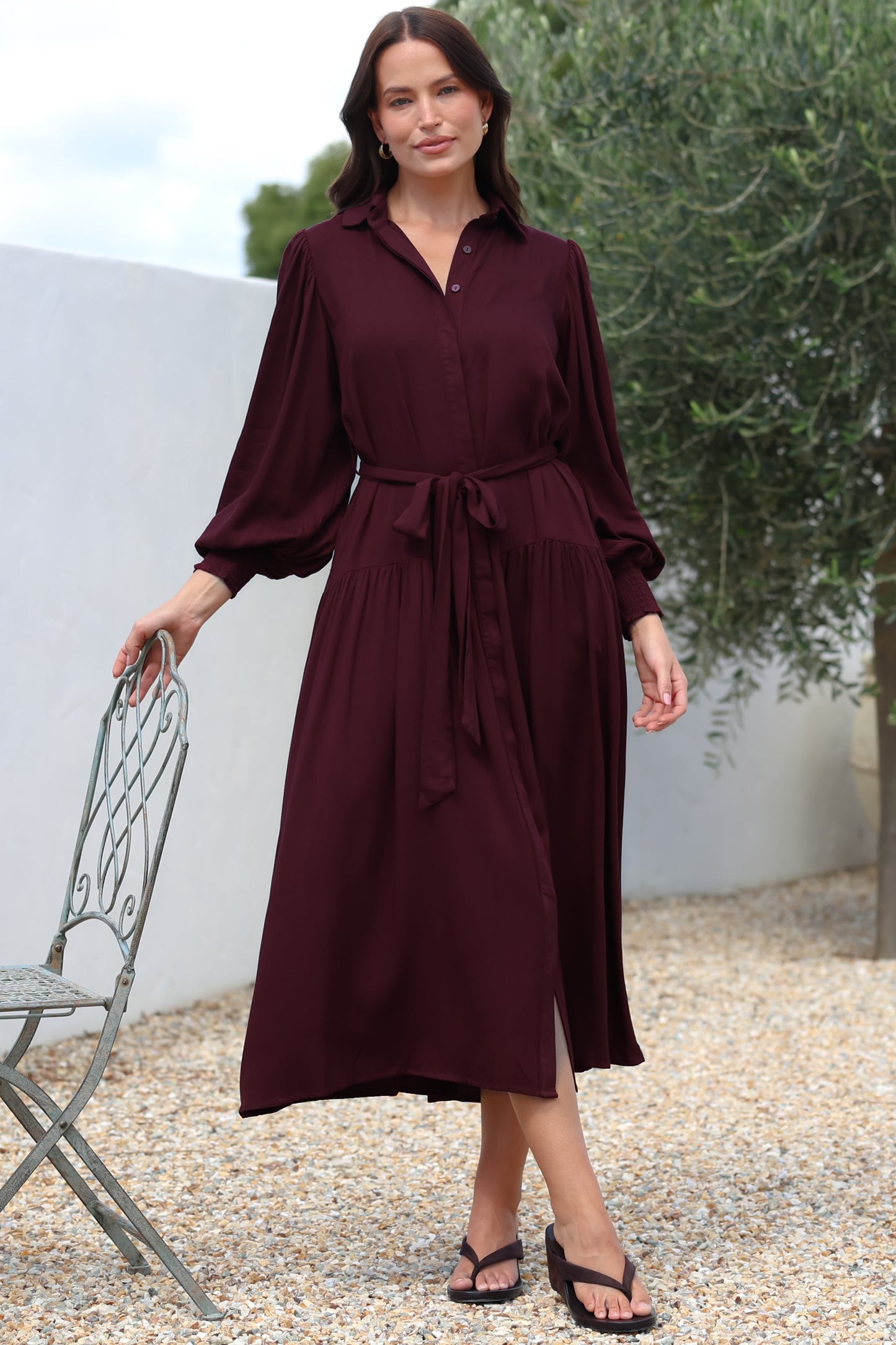 Skandi Midi Dress - Button Down Billow Sleeve Shirt Dress with Waist Tie in Wine