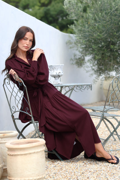 Skandi Midi Dress - Button Down Billow Sleeve Shirt Dress with Waist Tie in Wine
