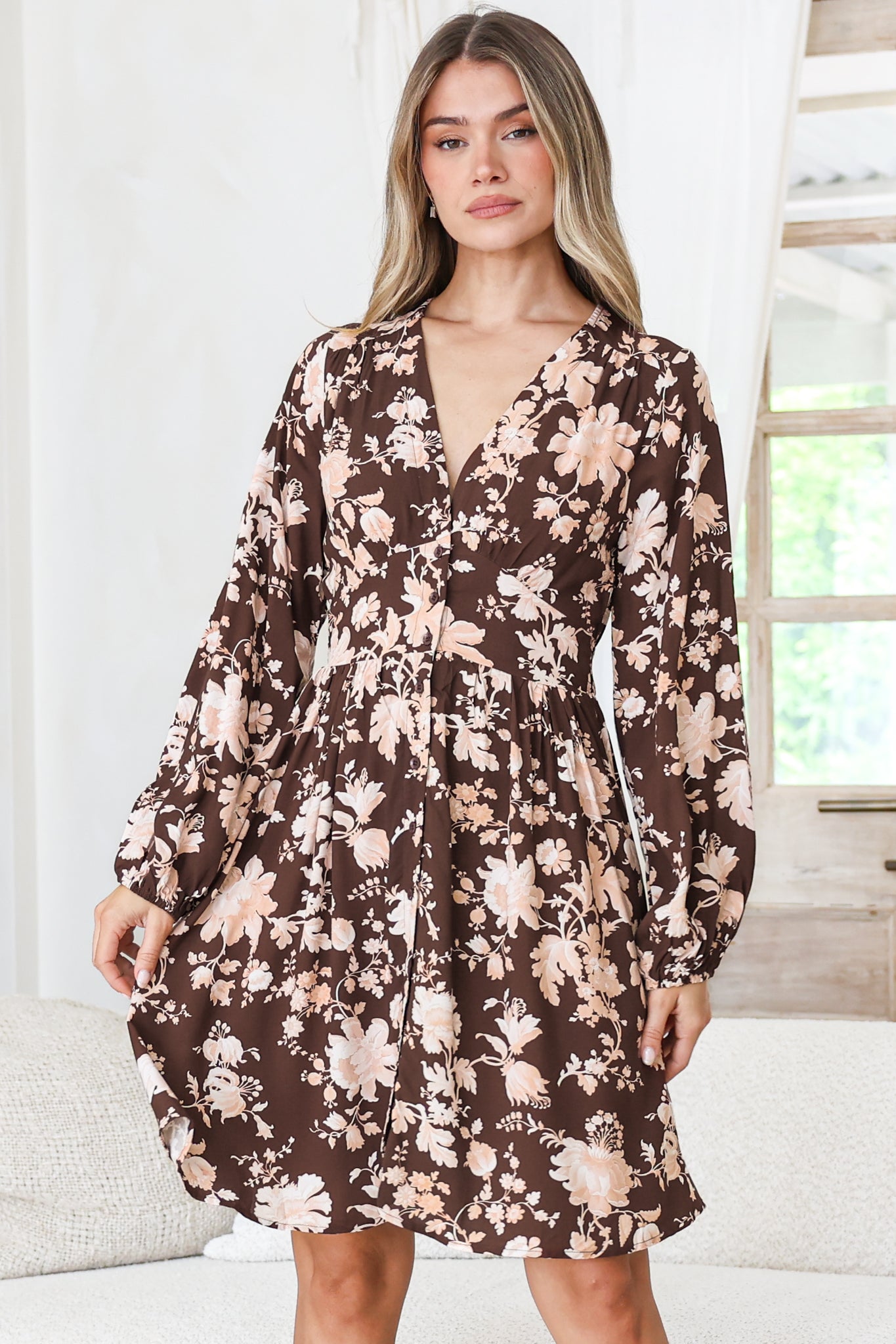 Soho Mini Dress - A Line Button Down Tiered Dress in Hollis Print Brown