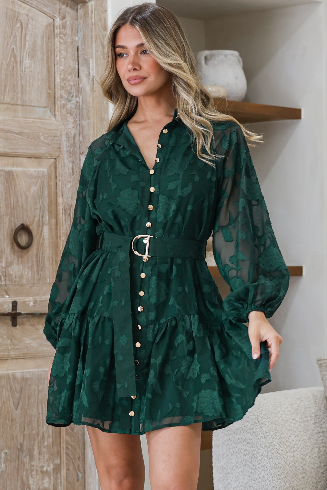 Solange Mini Dress - Floral Motif Overlay Front Button Placket Tiered Dress with Belt in Emerald